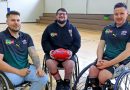 Tasmania Devils player Brodie Tinning, coach Joe Chivers and captain Josh Christian in their wheelchairs.