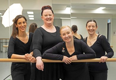 Owner Felicity Ryan with contemporary dance teacher Johanna Roff, baby steps ballet teacher Kitty Rayner and ballet teacher Catharine Allen in a dance studio.