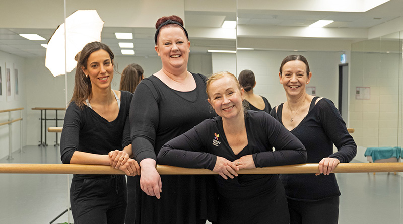 Owner Felicity Ryan with contemporary dance teacher Johanna Roff, baby steps ballet teacher Kitty Rayner and ballet teacher Catharine Allen in a dance studio.