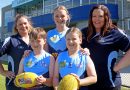 L-R Lindisfarne Junior Football Club vice-president Summer McKinley, players Ollie, Maya and Scarlette and president Rebecca Budd.