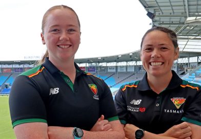 Under 19 Tasmanian Tigers Women’s player Shelby Leonard and head coach Natalie Schilov at Blundstone Arena.
