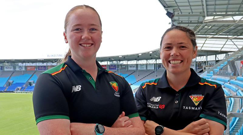 Under 19 Tasmanian Tigers Women’s player Shelby Leonard and head coach Natalie Schilov at Blundstone Arena.